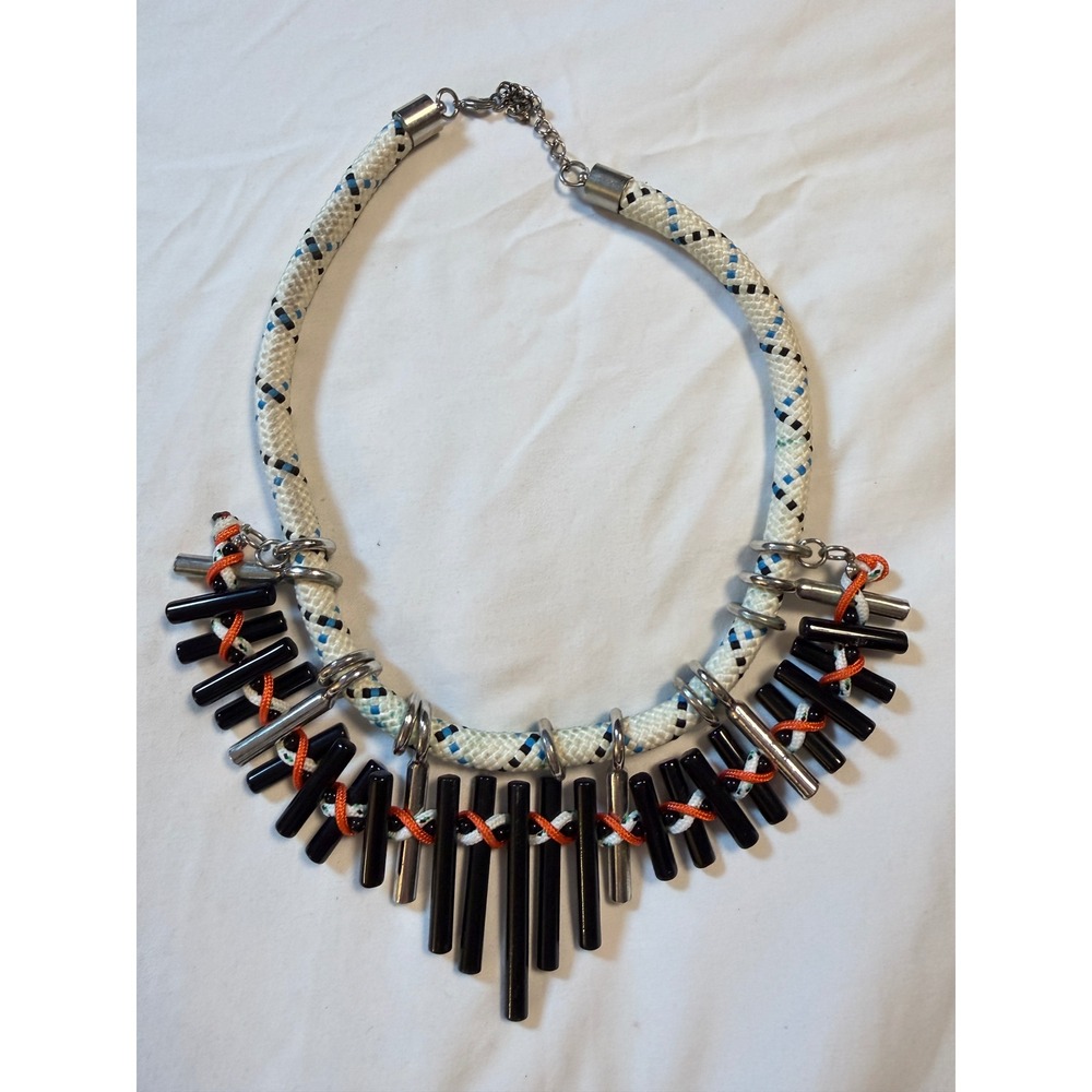 Modern Nautical Rope Statement Necklace Black Silver Fringe Orange Accents 19in